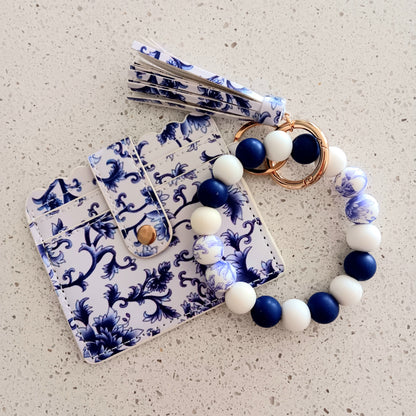 Blue and White Floral Print Keychain w/ Detachable ID/Credit Card Wallet