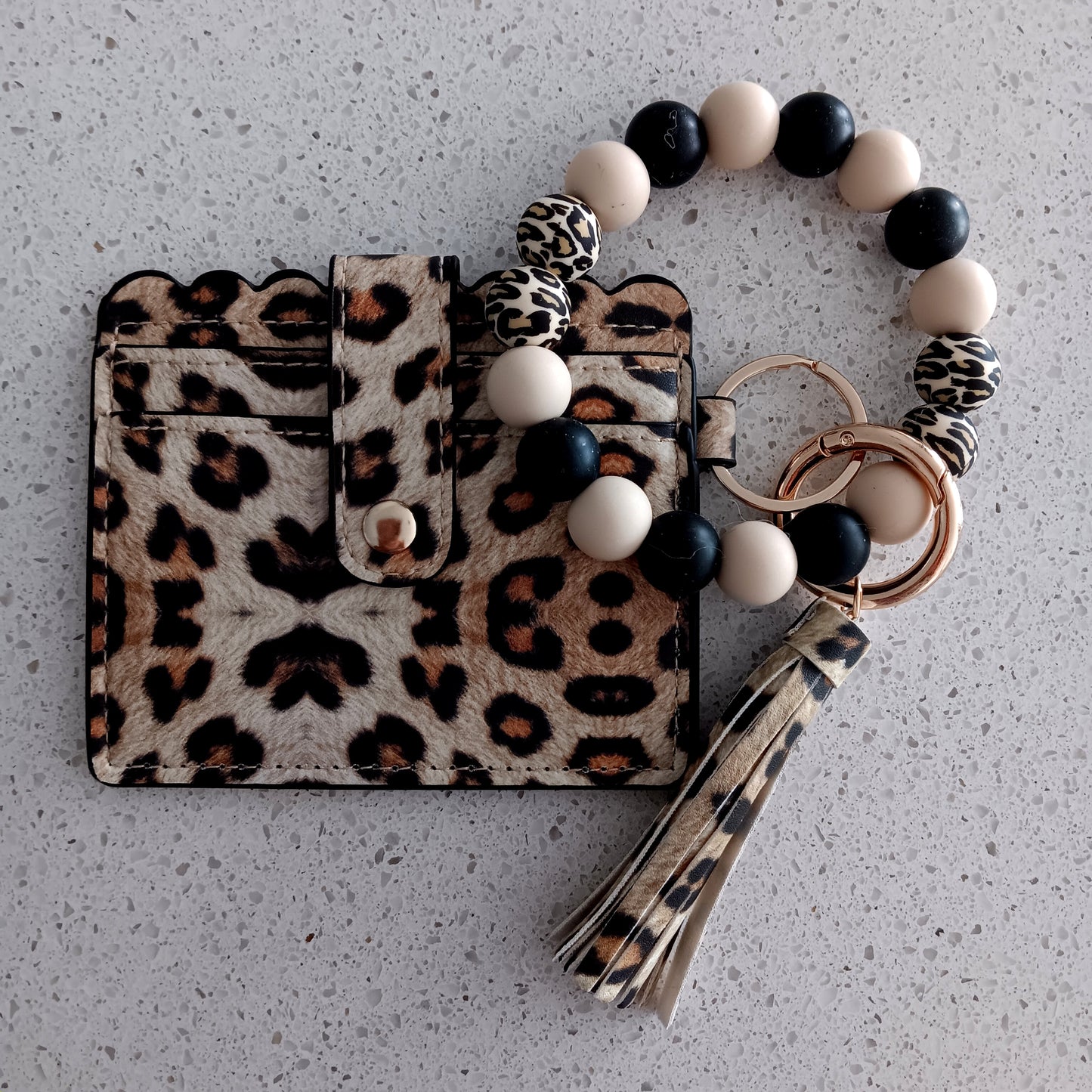 Black and Beige Cheetah Print Keychain w/ Detachable ID/Credit Card Wallet