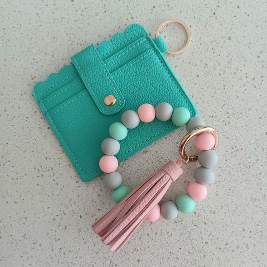 Mint and Pink Silicone Wristlet Keychain w/ Detachable ID/Credit Card Wallet