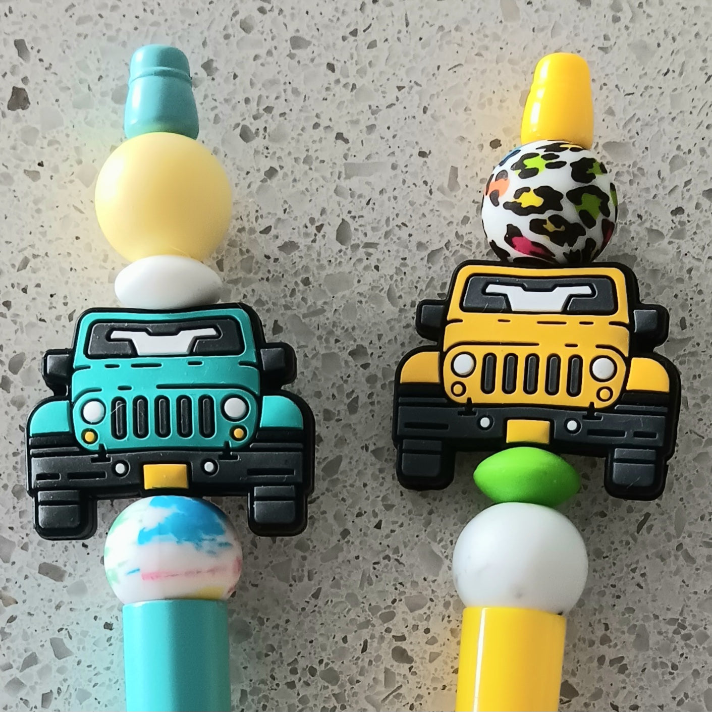 Turquoise and Yellow Beaded Off-Road Vehicle Pens