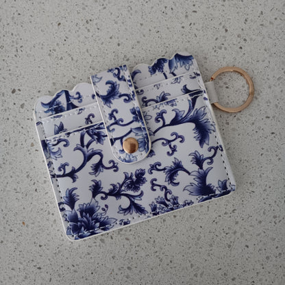 Blue and White Floral Print Keychain w/ Detachable ID/Credit Card Wallet