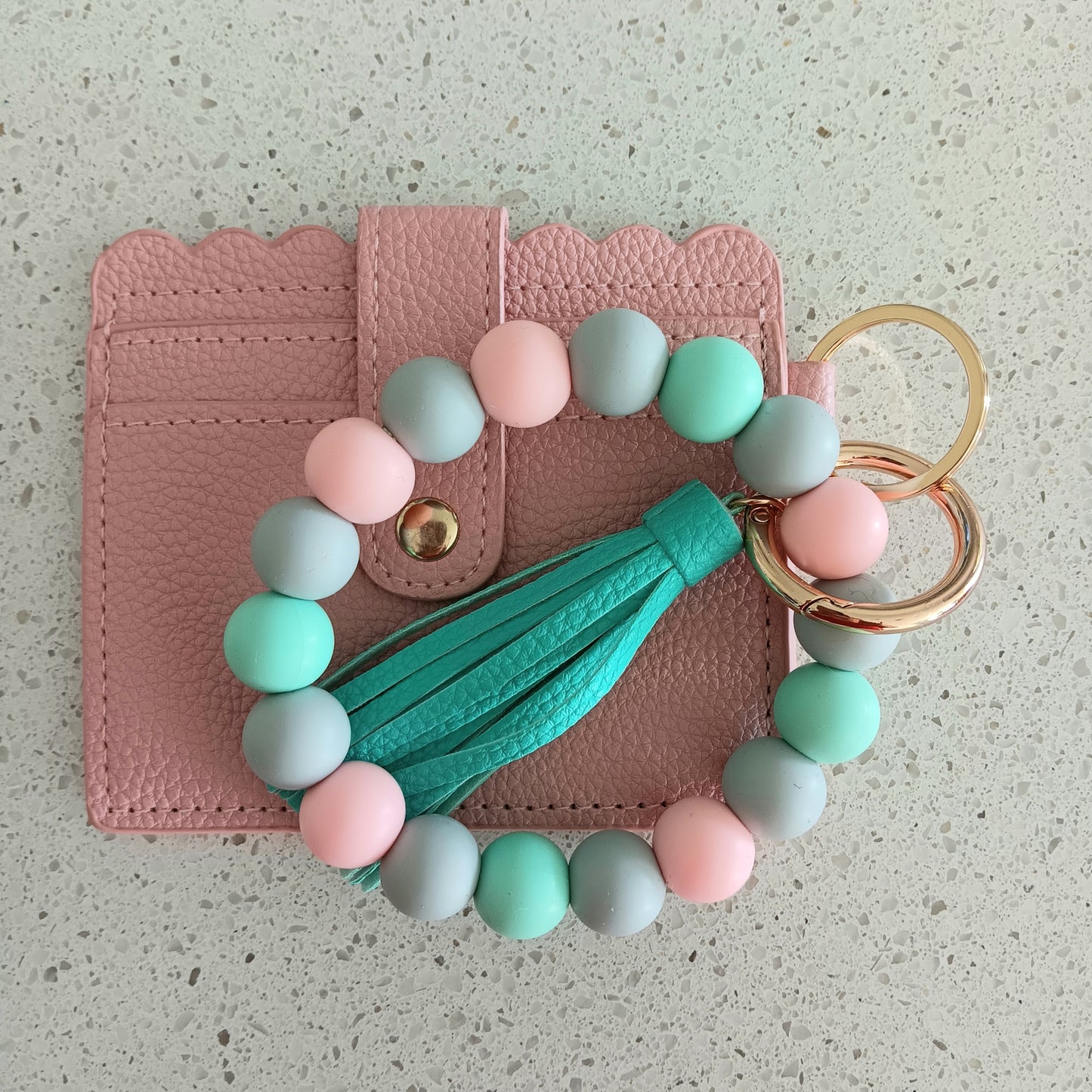 Pink and Mint Silicone Wristlet Keychain w/ Detachable ID/Credit Card Wallet