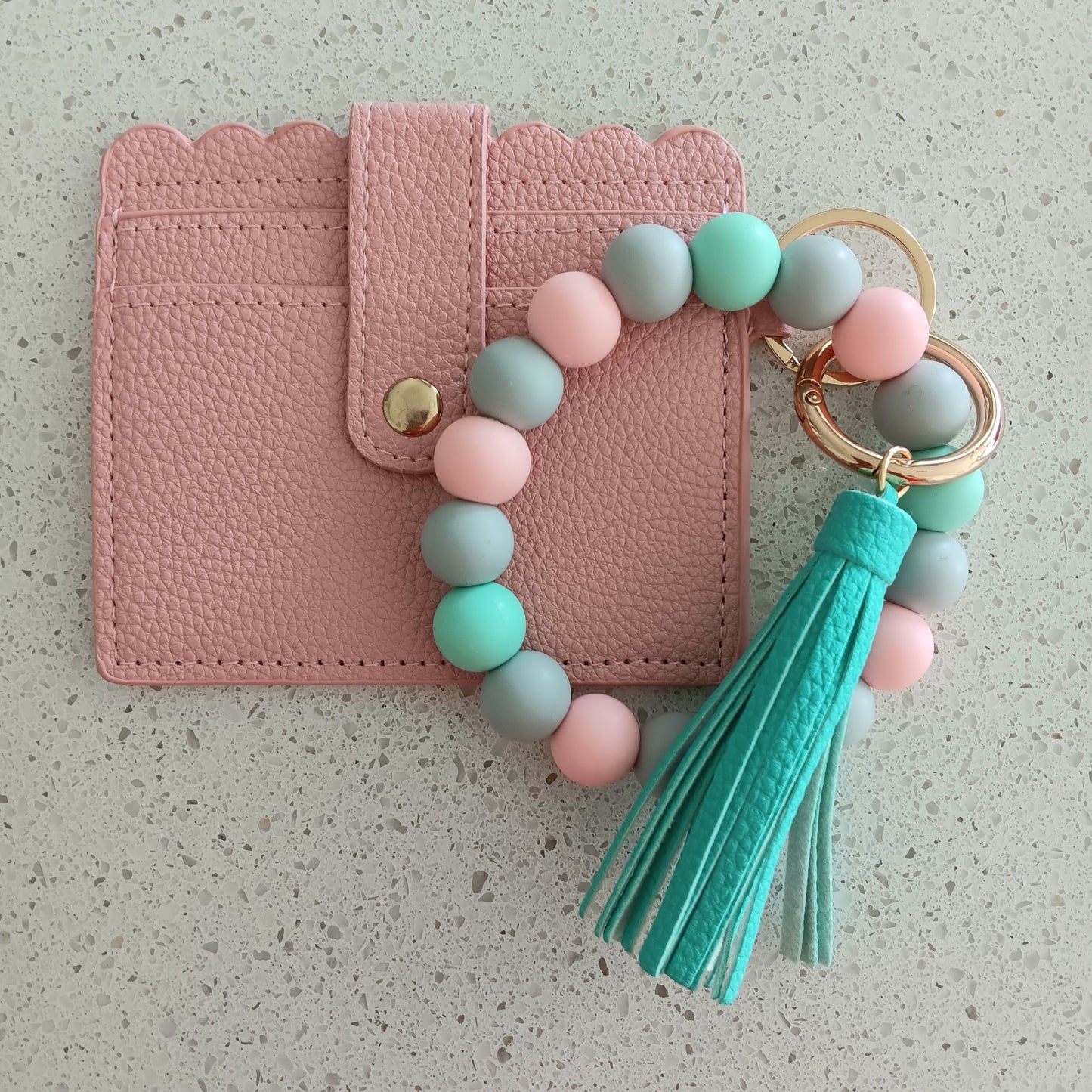 Pink and Mint Silicone Wristlet Keychain w/ Detachable ID/Credit Card Wallet