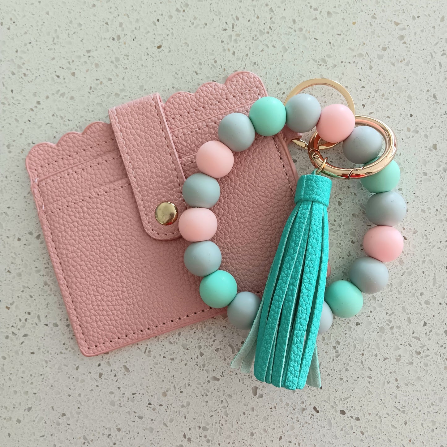 Pink and Mint Silicone Wristlet Keychain w/ Detachable ID/Credit Card Wallet