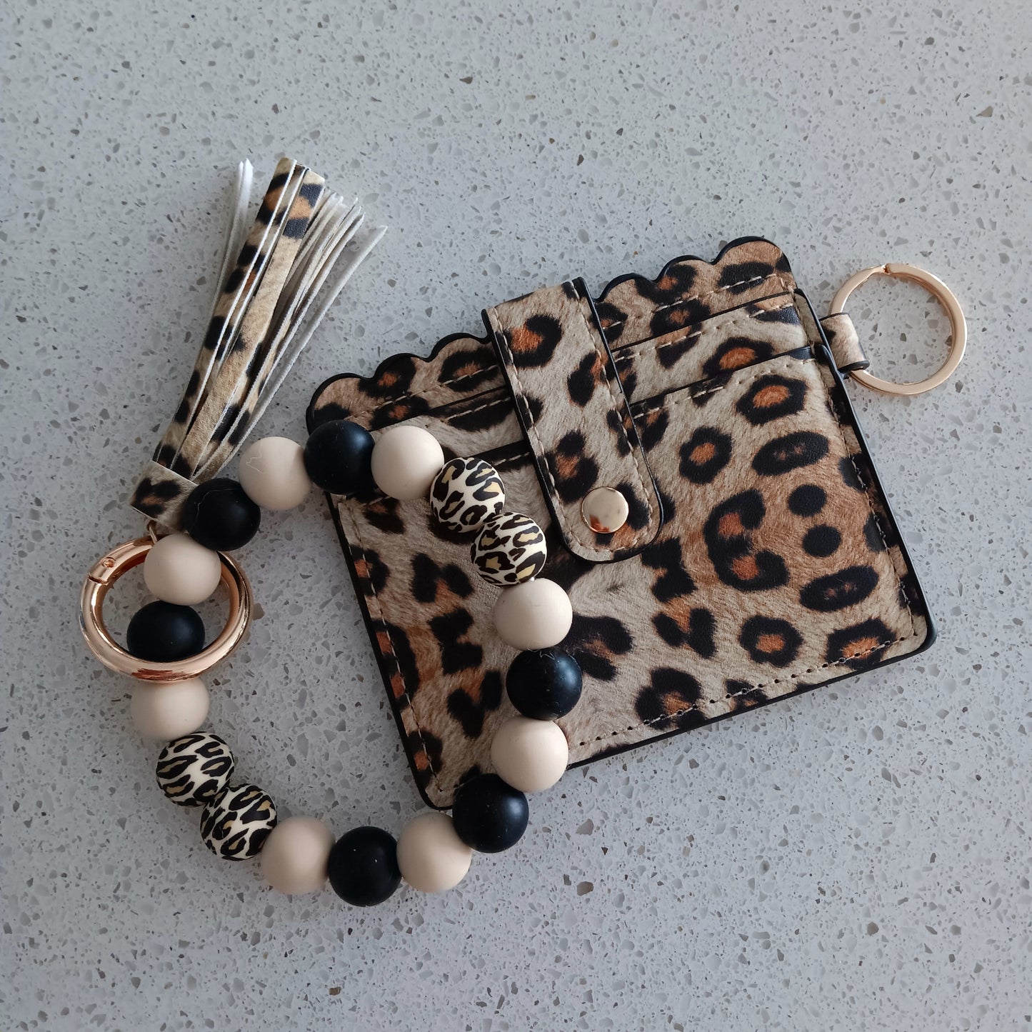 Black and Beige Cheetah Print Keychain w/ Detachable ID/Credit Card Wallet